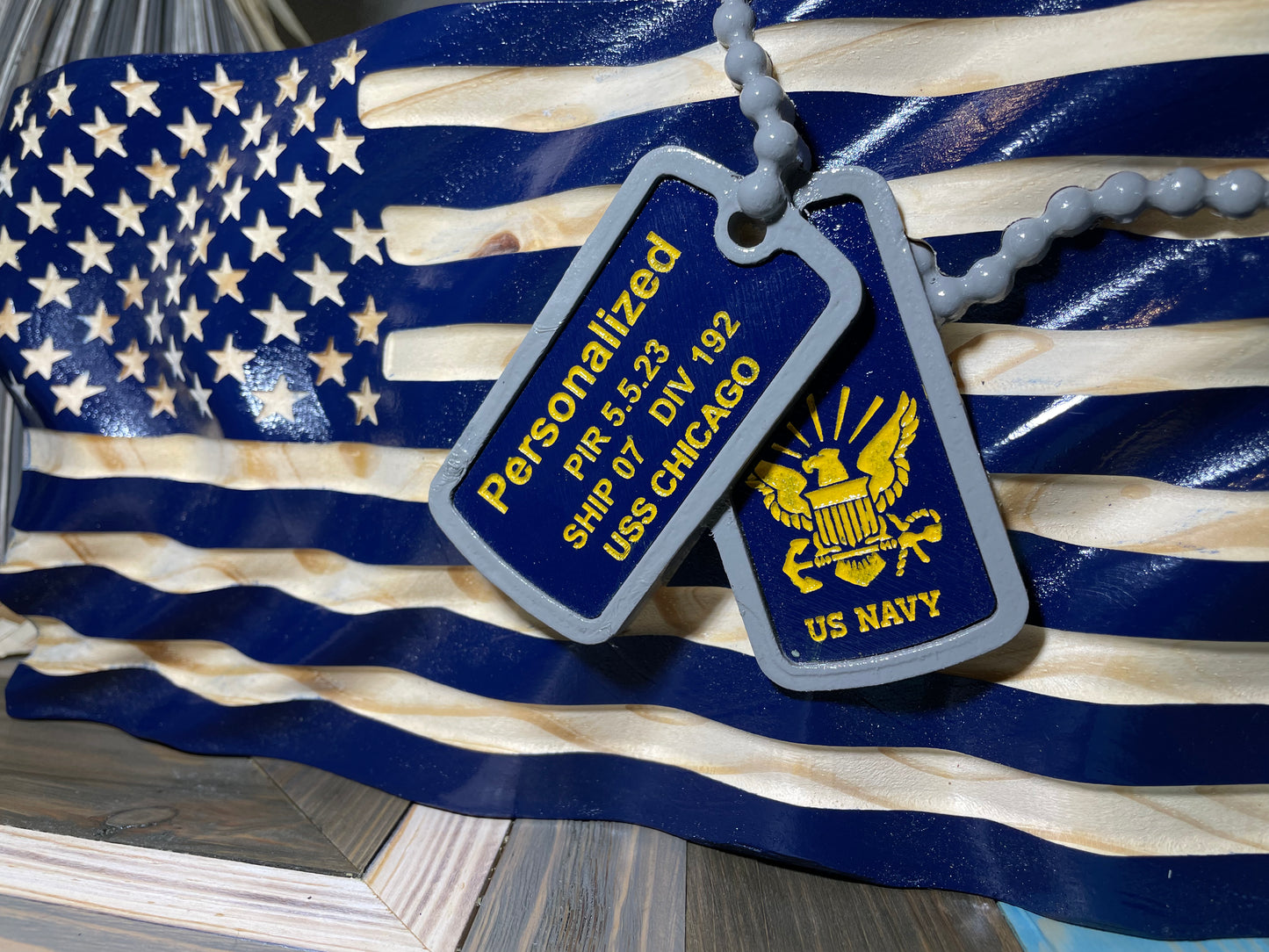 Wooden American Flag with 3d carved dog tag and laser engraved with personalized military information