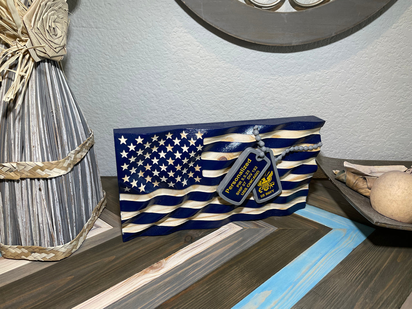 Wooden American Flag with 3d carved dog tag and laser engraved with personalized military information