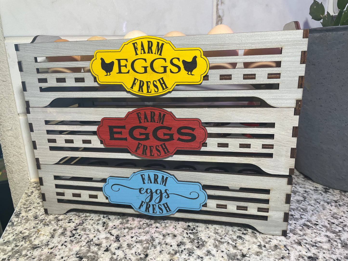 Wooden create style countertop fresh egg storage with Farm-Fresh or Farm to Table decorative sign