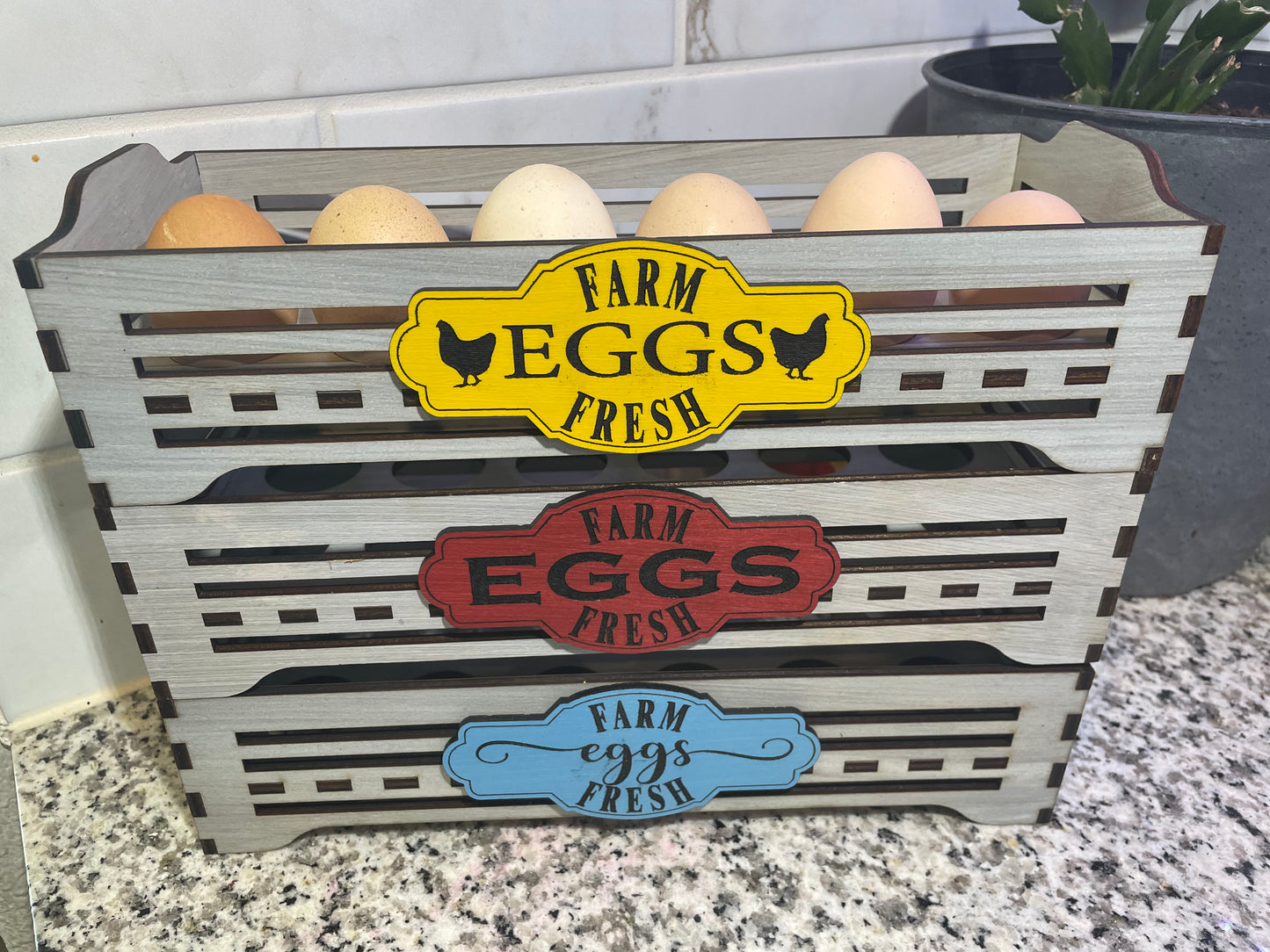 Wooden create style countertop fresh egg storage with Farm-Fresh or Farm to Table decorative sign