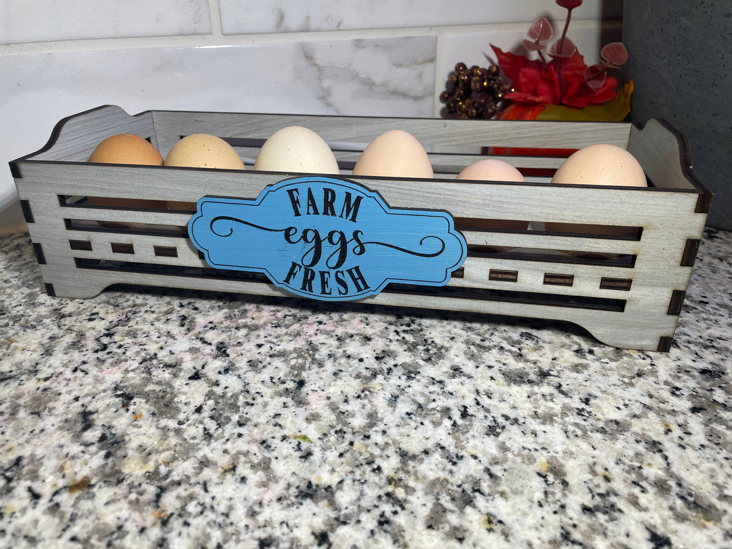 Wooden create style countertop fresh egg storage with Farm-Fresh or Farm to Table decorative sign