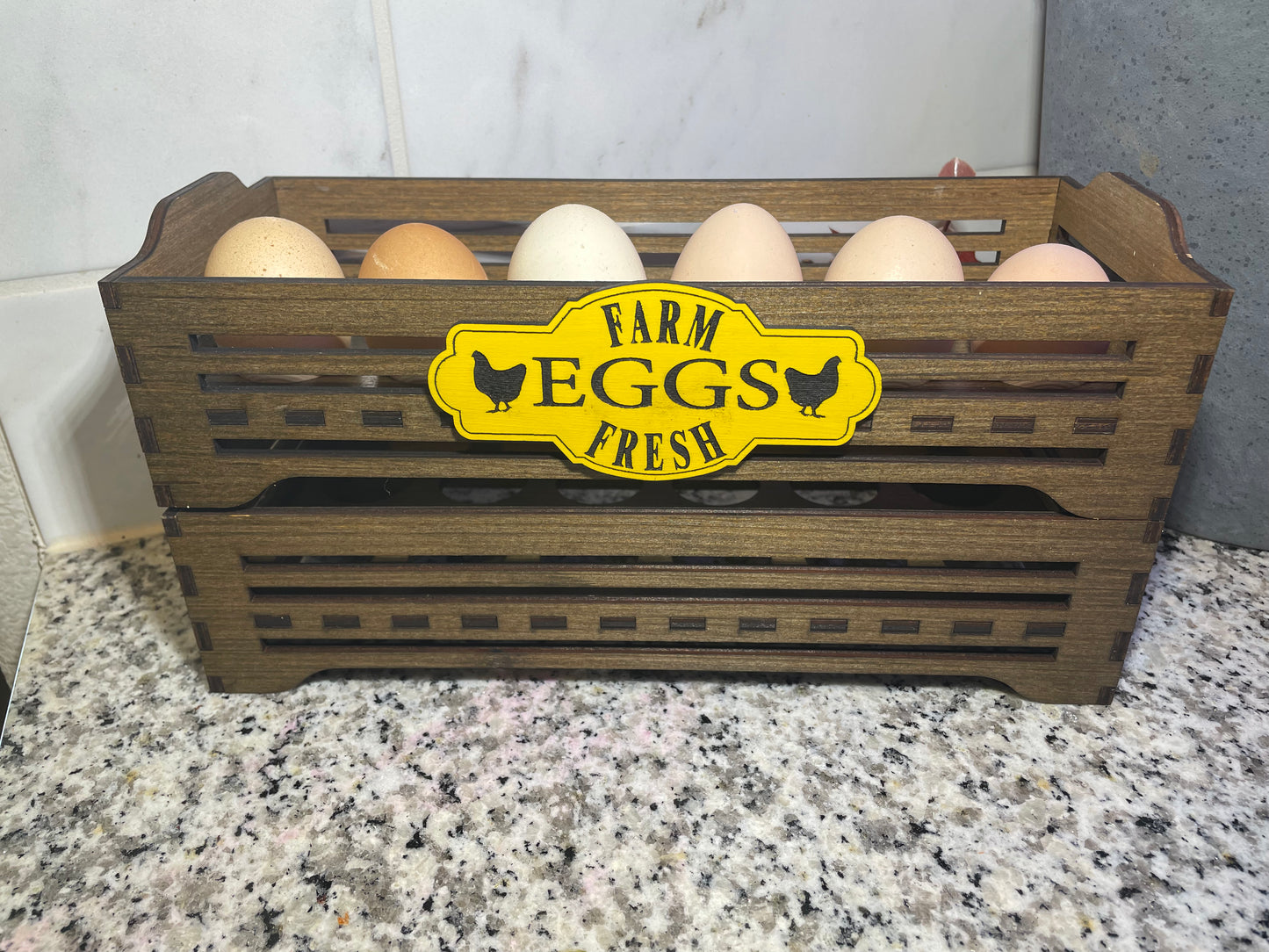 Wooden create style countertop fresh egg storage with Farm-Fresh or Farm to Table decorative sign