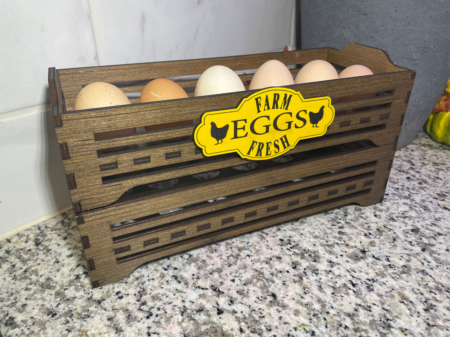 Wooden create style countertop fresh egg storage with Farm-Fresh or Farm to Table decorative sign