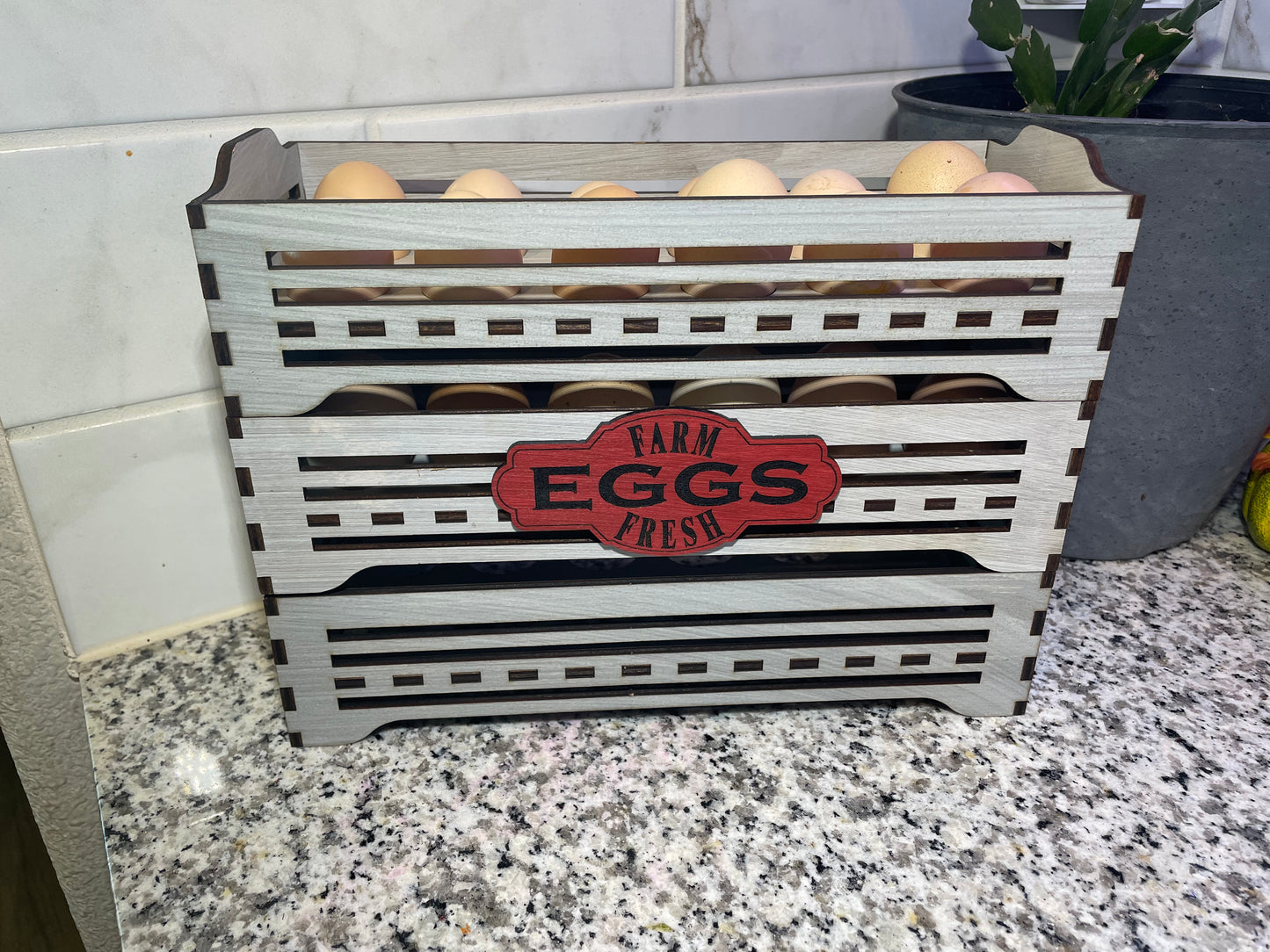 Wooden create style countertop fresh egg storage with Farm-Fresh or Farm to Table decorative sign