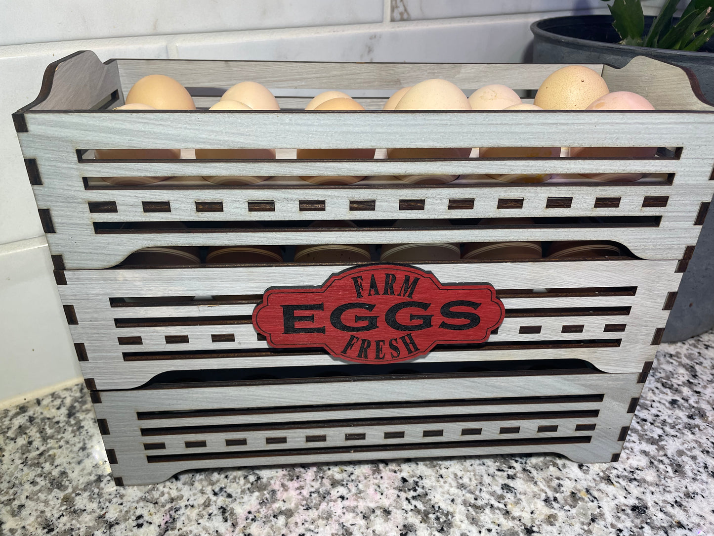 Wooden create style countertop fresh egg storage with Farm-Fresh or Farm to Table decorative sign