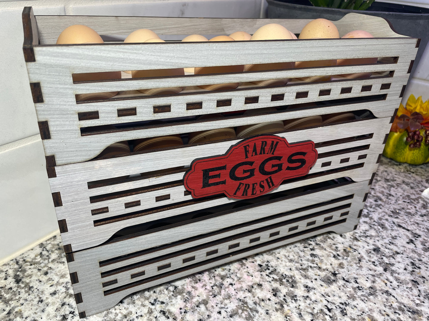 Wooden create style countertop fresh egg storage with Farm-Fresh or Farm to Table decorative sign