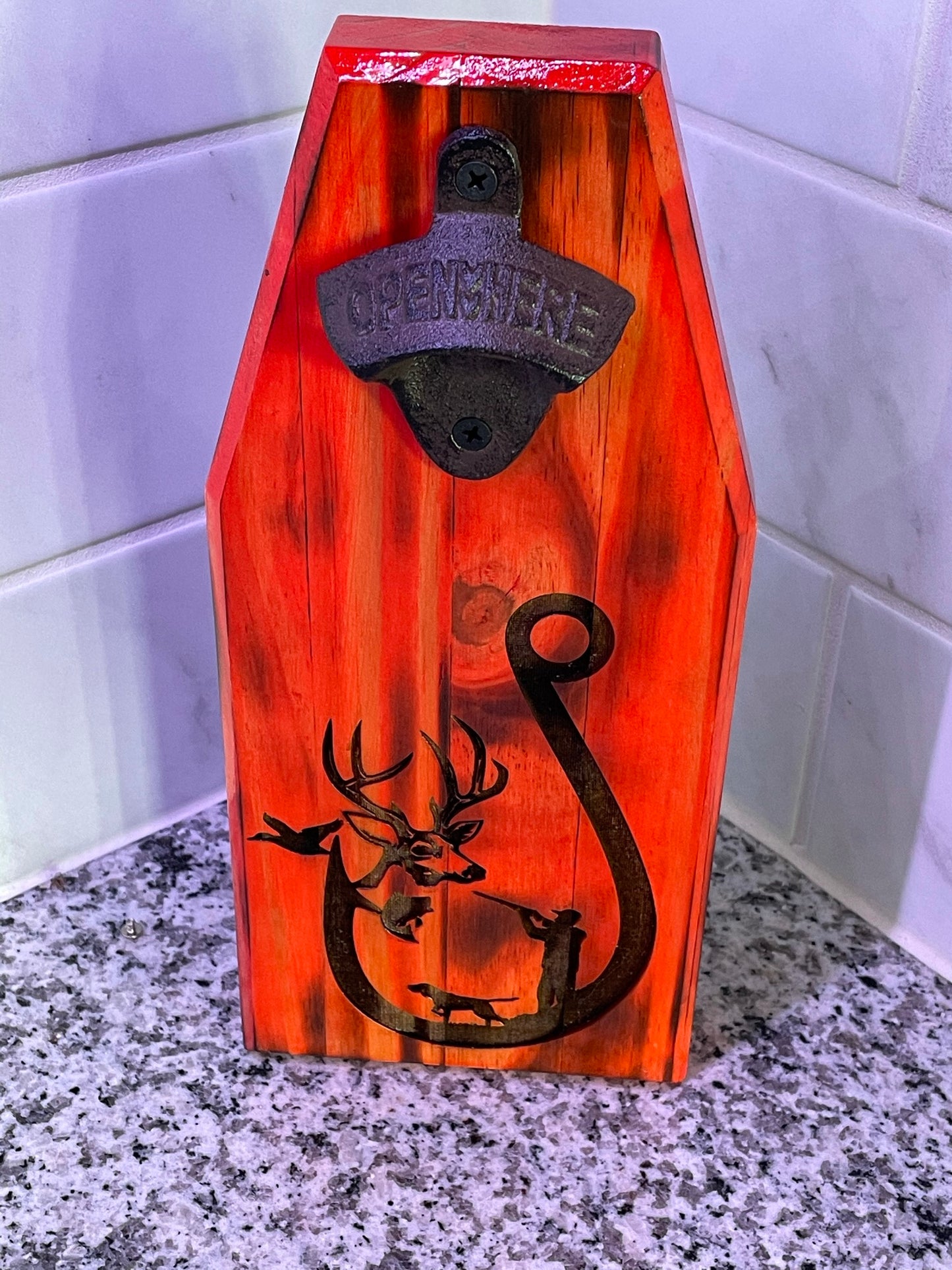 Magnetic Cap Catch Bottle Opener with Hunting Theme in Hunters Safety Orange