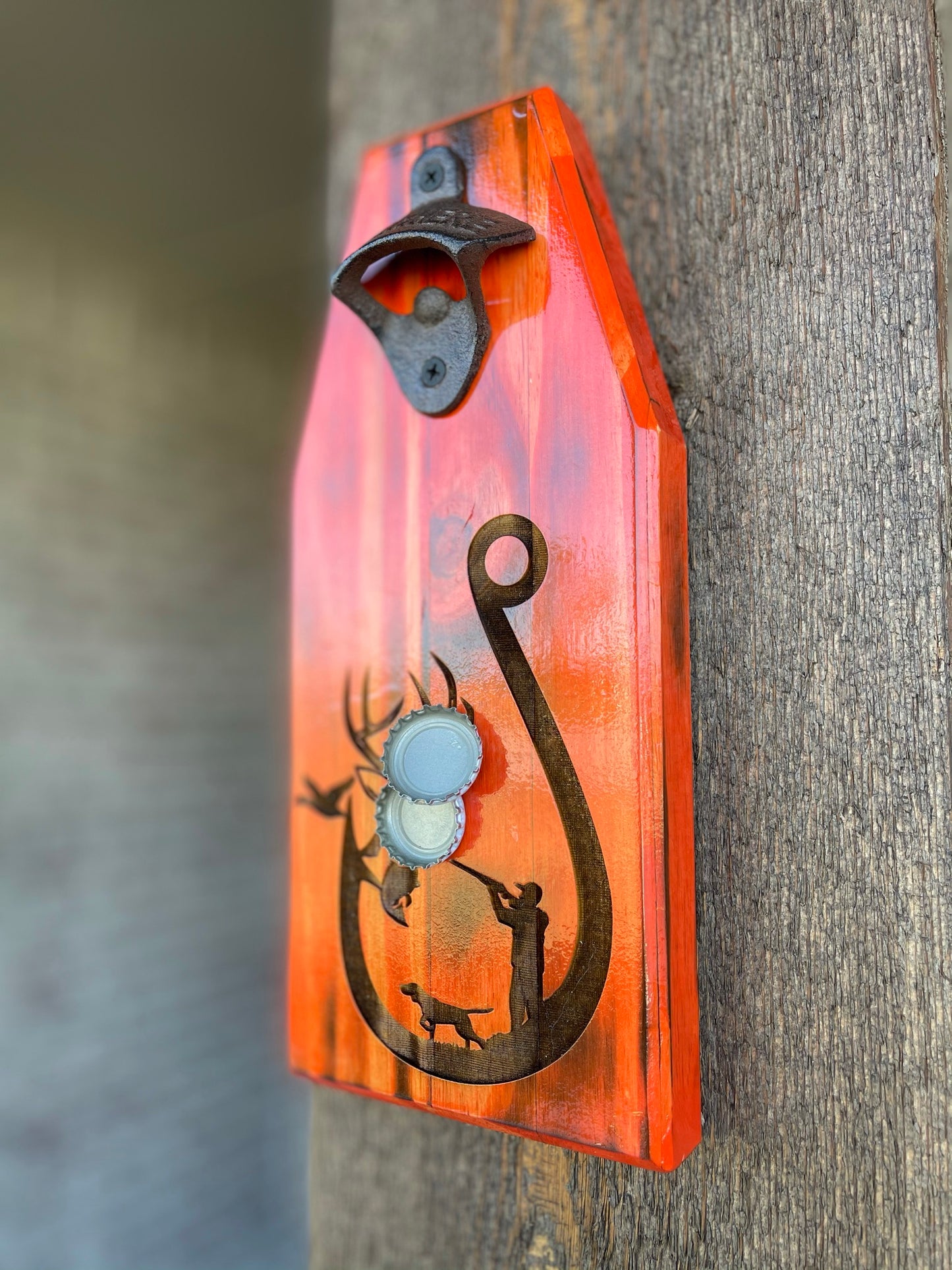 Magnetic Cap Catch Bottle Opener with Hunting Theme in Hunters Safety Orange