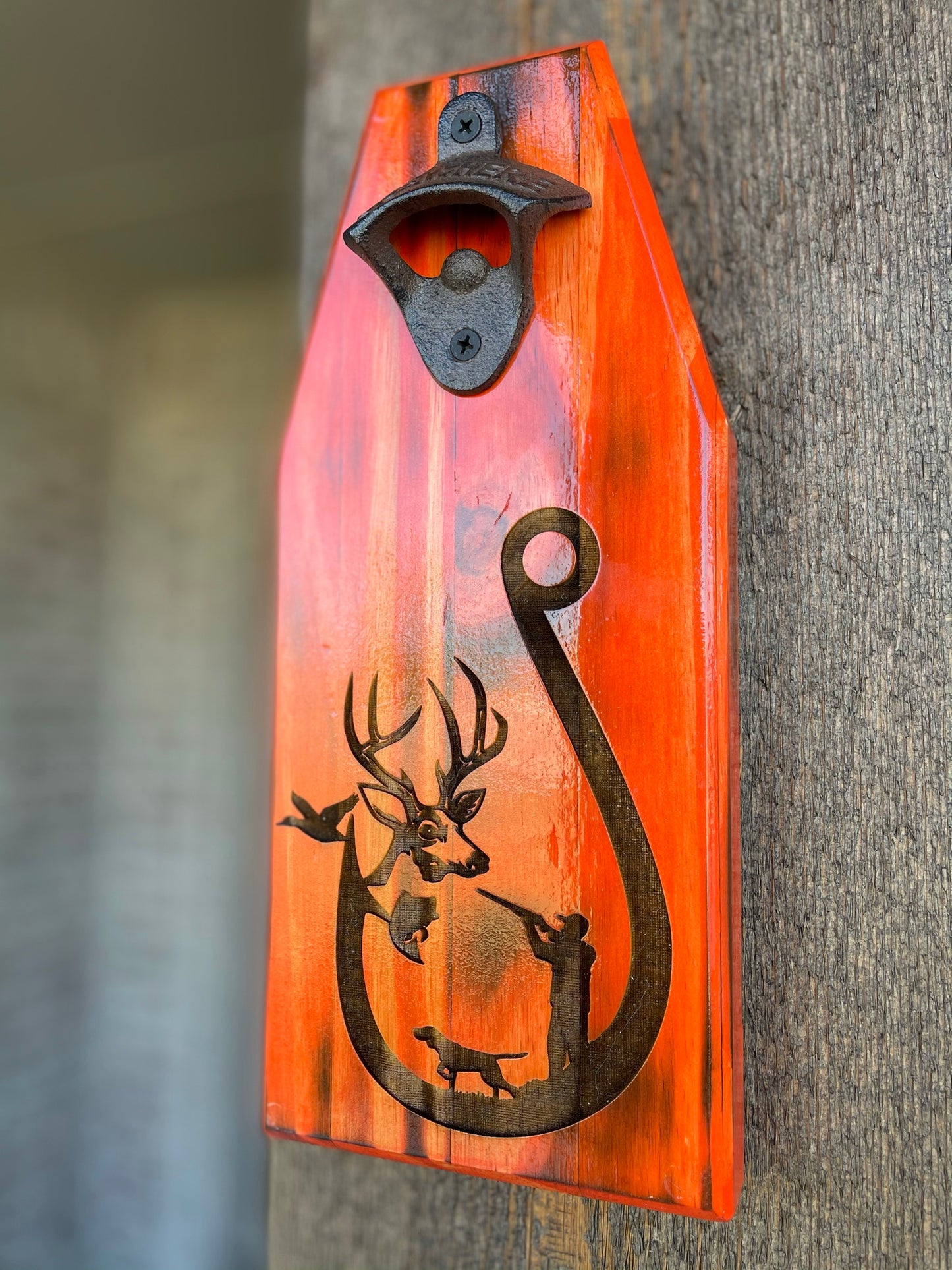 Magnetic Cap Catch Bottle Opener with Hunting Theme in Hunters Safety Orange