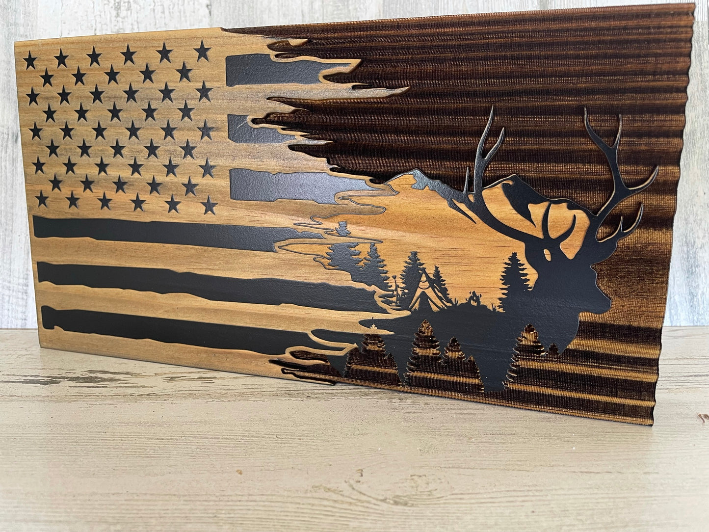 Mountain Elk Silhouette Tattered Flag