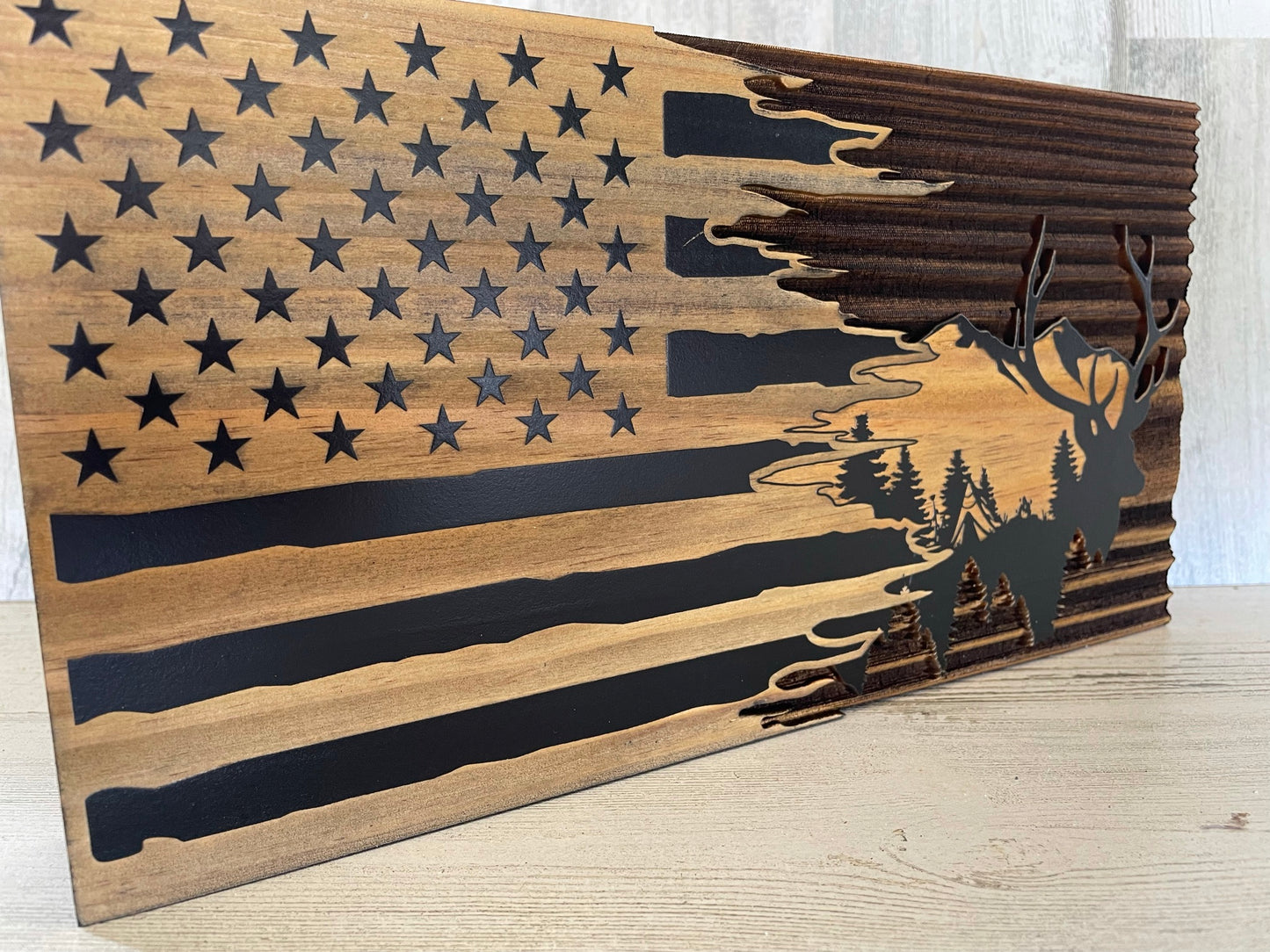 Mountain Elk Silhouette Tattered Flag