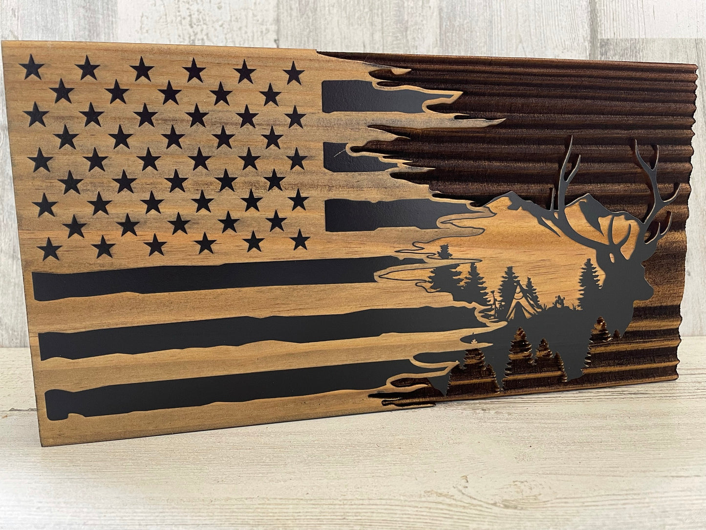 Mountain Elk Silhouette Tattered Flag