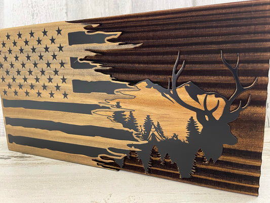 Mountain Elk Silhouette Tattered Flag