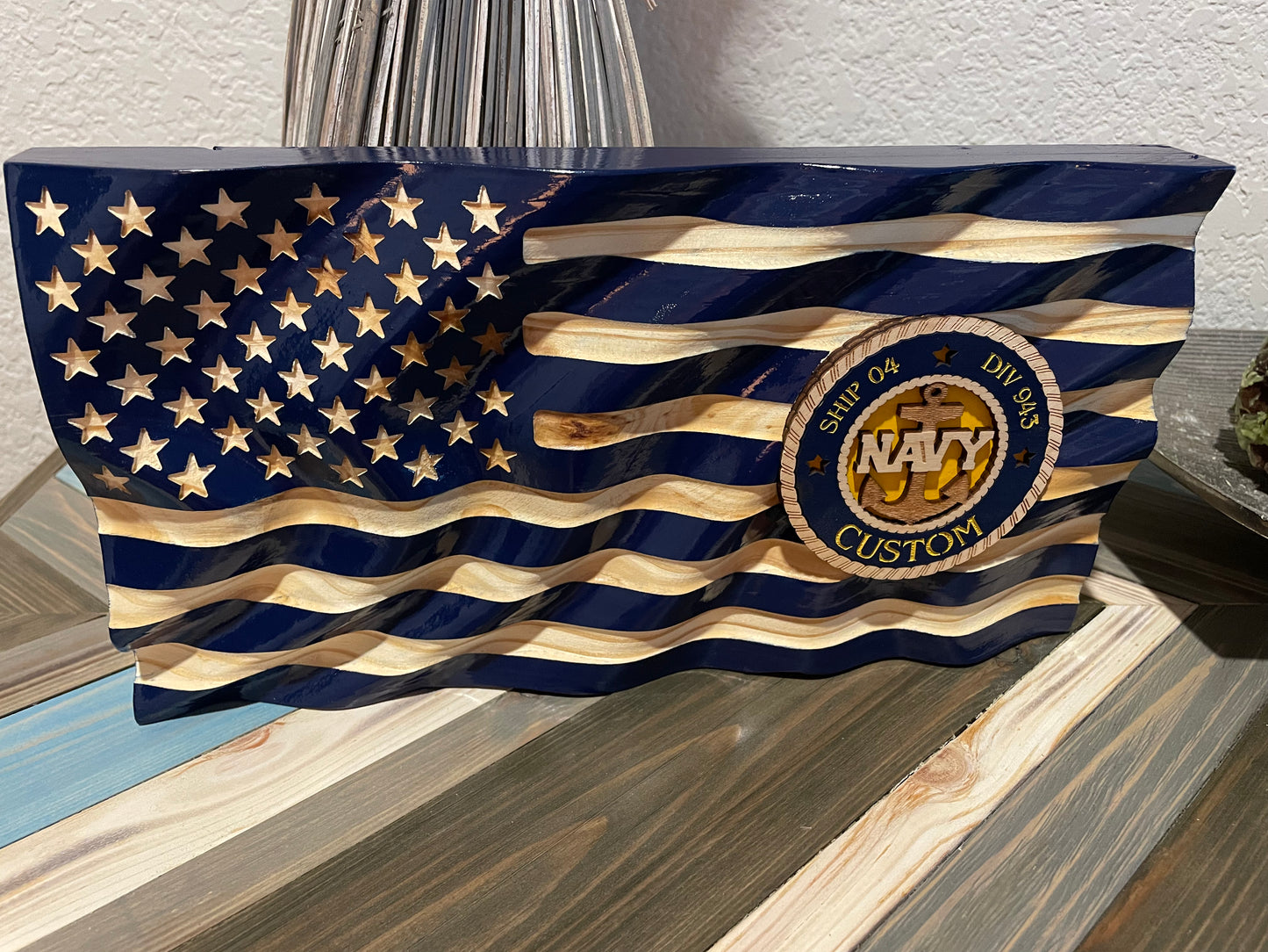 Navy Wavy Flag Desktop or Bookshelf Decor