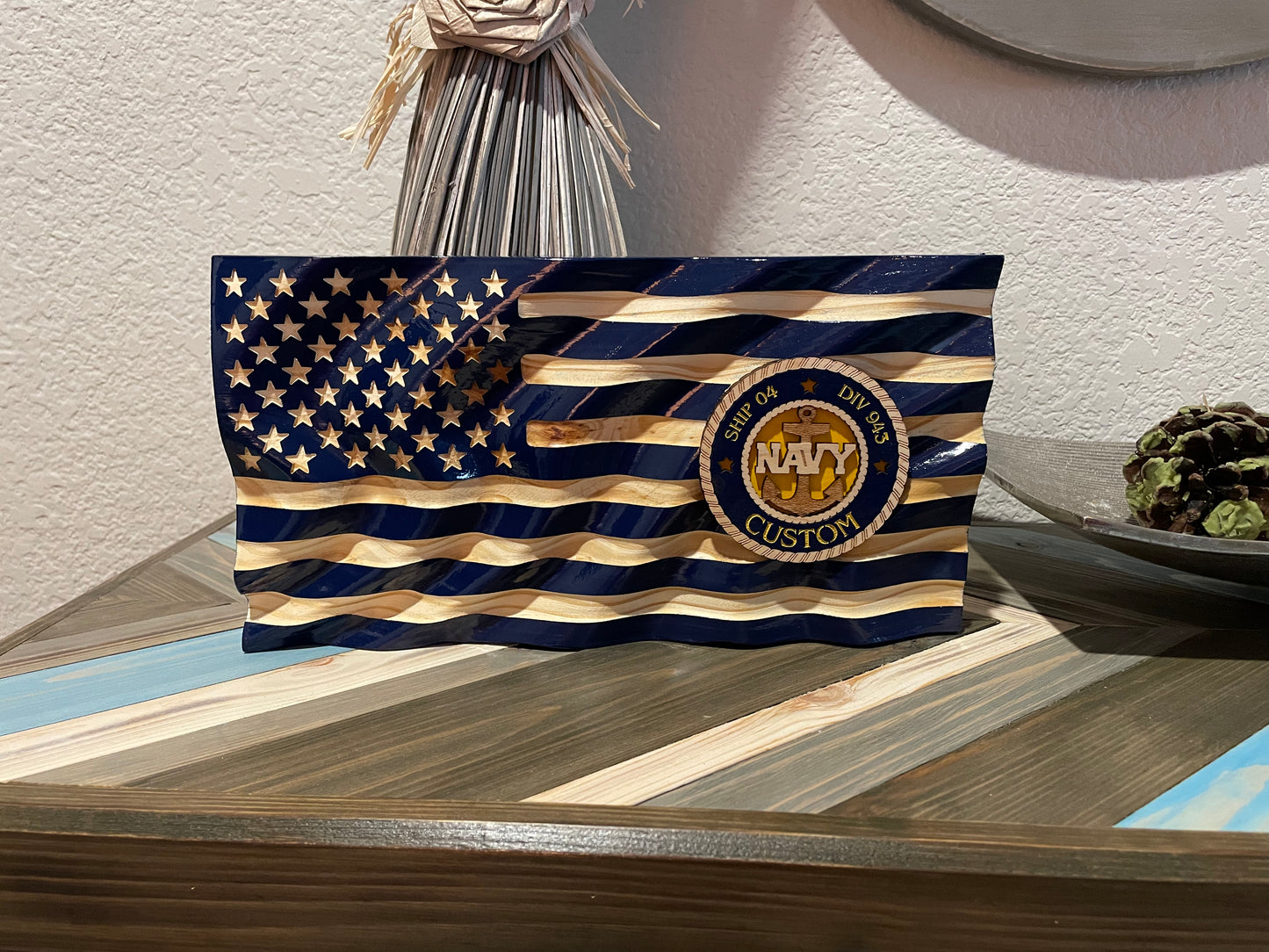 Navy Wavy Flag Desktop or Bookshelf Decor