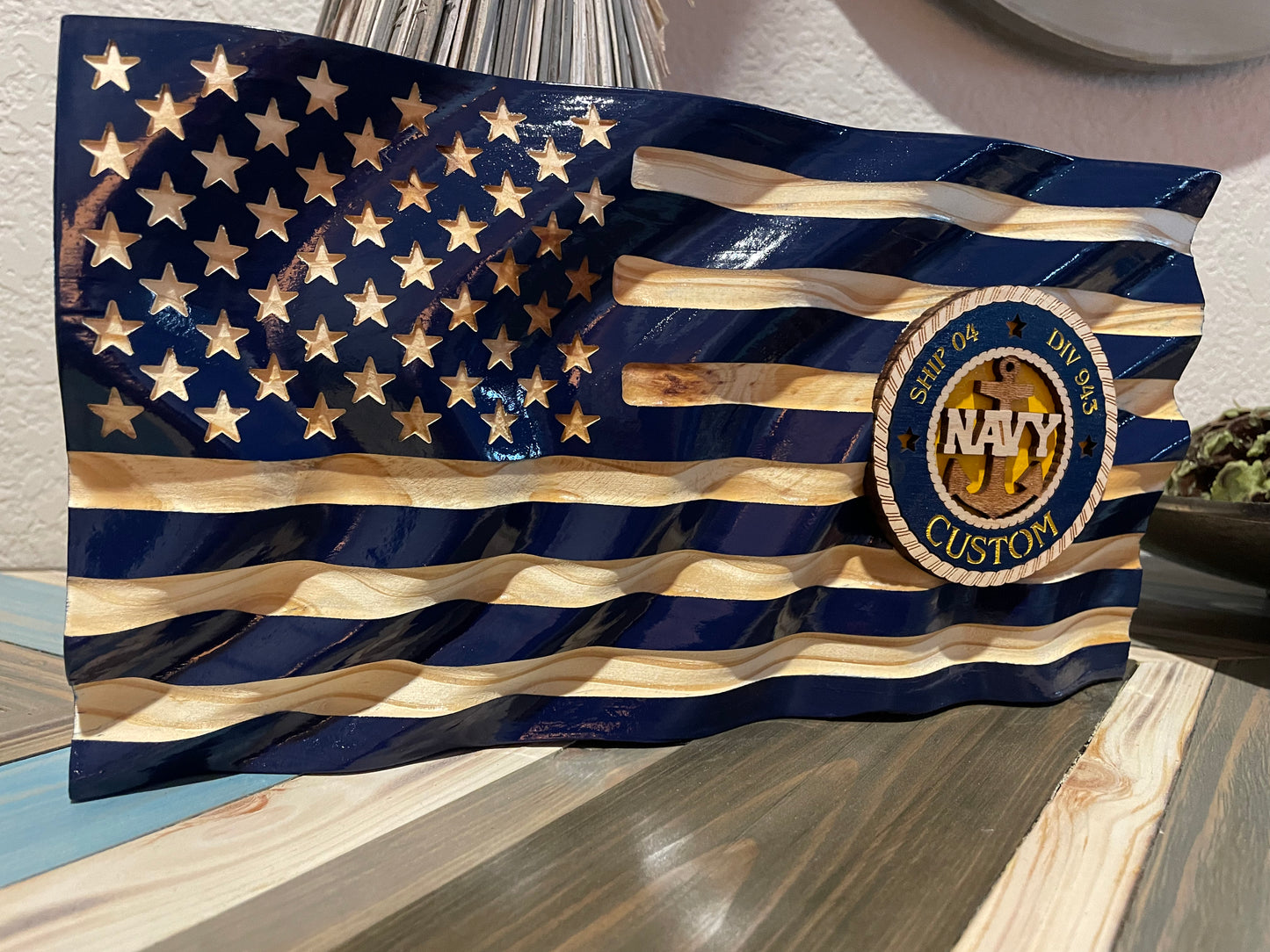 Navy Wavy Flag Desktop or Bookshelf Decor