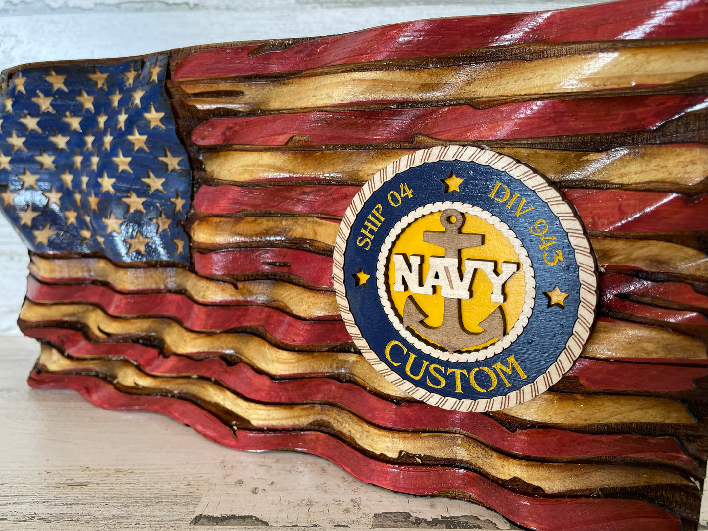 Navy PIR Distressed Wavy Flag Desktop or Bookshelf Decor